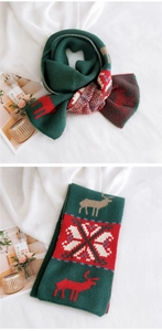 Close-up of knitted Christmas scarf with reindeer and snowflake patterns in festive red and green