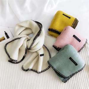 Women Knitted Scarf Soft Warm Winter Neck Wrap With Contrast Hand Stitched Edging And Woven Label Decor Retro Chic