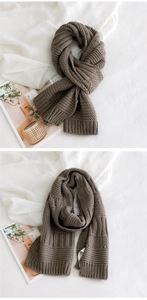 Detail of taupe thick knit scarf showing warm ribbed texture and soft chunky wool material
