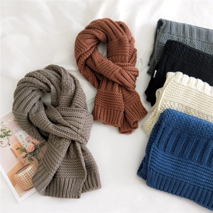 Korean Style Winter Knitted Scarf Thickened Warm Wool Blend Chunky Knit Ribbed Edge Soft Versatile For Men Women