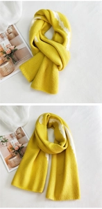 Macro detail of soft yellow knit scarf with white zigzag pattern and thick texture