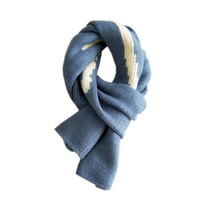 Blue knit scarf with white cloud patterns, thick warm winter neck wrap for women