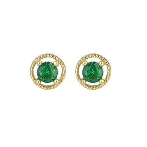 Vintage 925 sterling silver gold stud earrings with round emerald zircon and beaded border