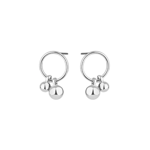 Minimalist S925 sterling silver hoop earrings with polished double bead drop pendants