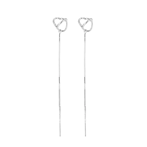Elegant long silver tassel earrings with minimalist heart studs and linear chain drops