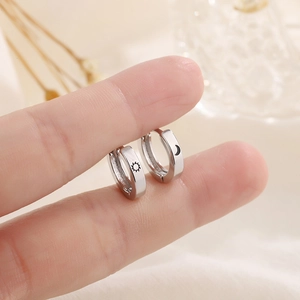 Celestial Sun Moon Asymmetric Hoop Earrings Silver Plated Copper Minimalist Engraved Huggie Jewelry For Daily Wear Women