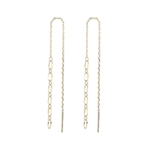 Close-up of golden tassel thread earrings featuring textured chain links and sleek bars