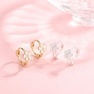 White Flower Hoop Earrings With 925 Sterling Silver Earring Post Copper Enamel Floral Jewelry For Women