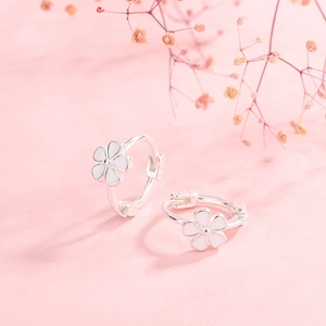 Minimalist S925 sterling silver hoop earrings with delicate white five-petal flower drops