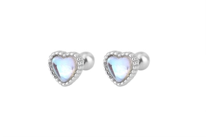 Macro detail of S925 silver heart stud earrings with iridescent moonstone and screw backs
