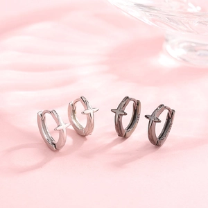 925 Sterling Silver Cross Star Hoop Earrings Retro Hip Hop Punk Style Unisex Jewelry Black Silver