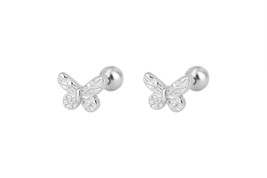 Close-up of silver butterfly stud earrings with secure screw-back ball closure design