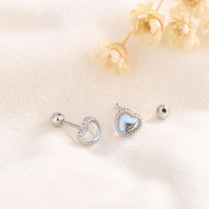 Heart Faux Moonstone Stud Earrings Copper Earring Post Screw Back Ball Cartilage Piercing Jewelry Elegant Women