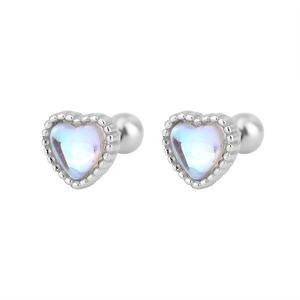 S925 sterling silver heart stud earrings with iridescent moonstone and screw ball back