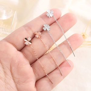 Elegant Four Leaf Clover Threader Earrings Copper With Inlaid Zircon Long Tassel Drop Ear Jewelry For Women Korean Style