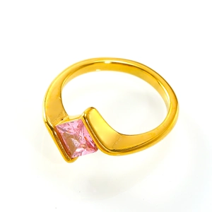 French style gold-plated irregular ring with square pink zircon gemstone in a top view
