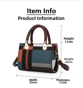 Detailed size diagram for geometric patchwork handbag with precise dimension labels
