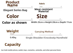 Detailed size and capacity specification chart for the elegant printed crossbody handbag