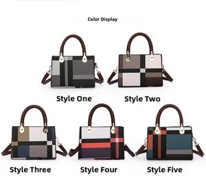 Color options of structured geometric print handbags with braided handles and gold buckles