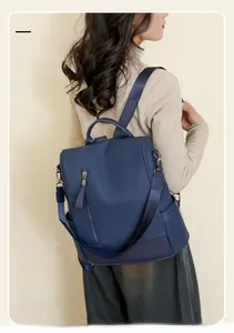 Blue PU leather backpack for women shown from a side-back view on a model in a studio