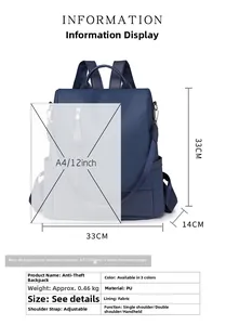 Detail view of navy blue PU leather backpack with dimensions 33x33x14cm and texture macro
