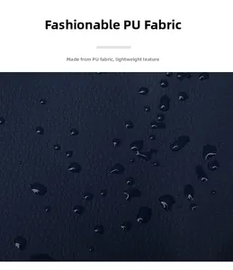 Detailed view of dark blue PU leather material showing waterproof fabric texture