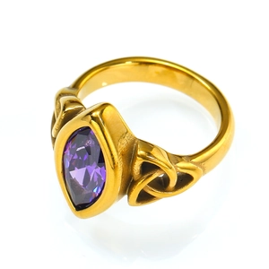 Vintage gold Viking ring with marquise-cut purple stone and Celtic knot side details