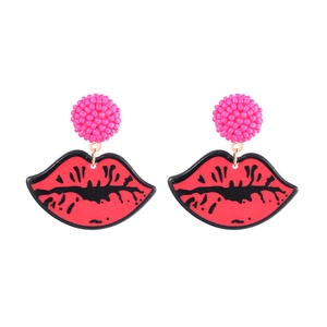 Pop art style red lip drop earrings with pink bead studs on a white background