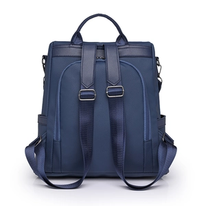 Fashionable navy blue PU leather backpack for women with large capacity and anti-theft back pocket