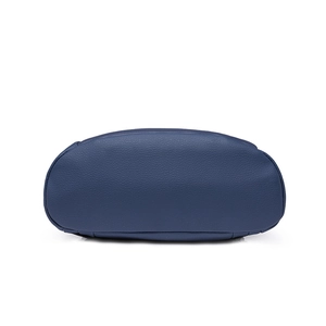 Bottom view of large capacity navy blue PU leather backpack with neat stitching details