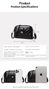 Detailed size comparison of black quilted crossbody bag with iPhone and iPad mini