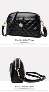 Detail of black quilted shoulder bag with golden flower buckle and dual zippers