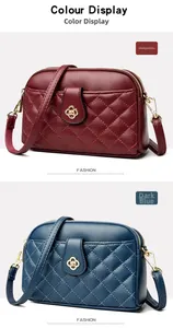 Detail of quilted leather crossbody bag featuring gold flower clasp in burgundy and navy