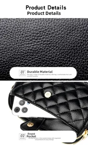 Detail of black quilted leather crossbody bag showing a functional front smartphone pocket