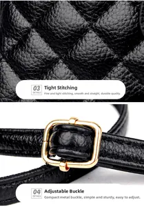 Close-up of black quilted leather stitching and adjustable gold buckle detail