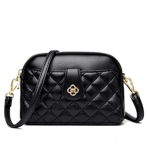 Quilted Crossbody Bag Women PU Leather Litchi Pattern Diamond Stitching Double Zipper Gold Flower Lock Elegant Shoulder Bag