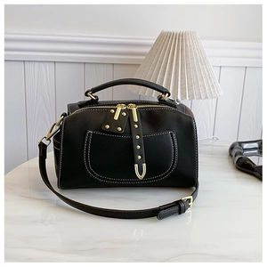 Sac Boston Pour Femme Vintage Similicuir Sac À Main Surpiqûres Contrastées Rivets Dorés Sac Bandoulière Tendance