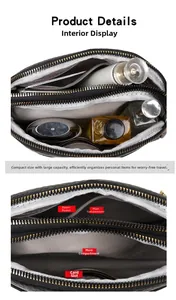 Detail view of black handbag multi-compartment interior with zippered pockets and slots
