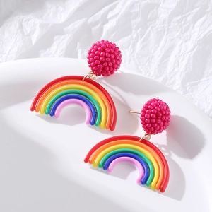 Rainbow Arch Dangle Earrings With Pink Beaded Ball Alloy Resin Colorful Summer Beach Fashion Accessory For Women