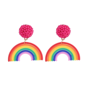 Rainbow bead earrings with handmade magenta seed bead ball and colorful arc drops