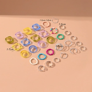 Vue détaillée de bagues en résine et perles colorées avec mesures du diamètre intérieur