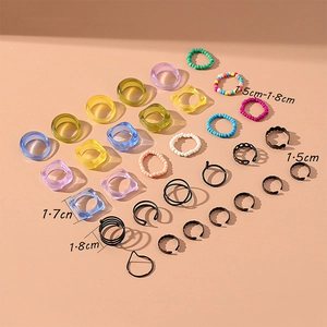 Détails de bagues en résine colorée et perles avec indications de diamètre et taille