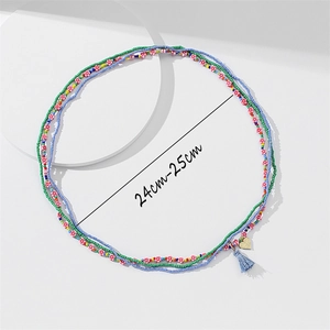 Elastic colorful beaded waist chain set with pink flowers, blue tassels and gold heart