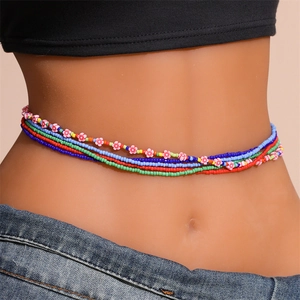 Five-layer colorful beaded waist chain with pink flowers for bikini beach style