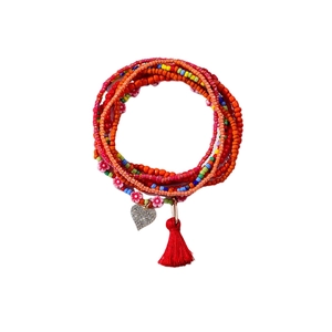 Mehrlagiges Boho-Fußkettchen-Set mit bunten Perlen, Herzanhänger und roter Seidenquaste