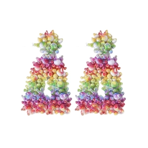 Handmade rainbow bead drop earrings with creative trapezoid design in bohemian style