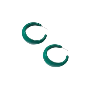Dark green C-shaped acrylic hoop earrings with polished resin finish and silver studs