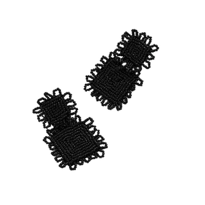 Handmade black seed bead square dangle earrings with bohemian woven design in minimalist style
