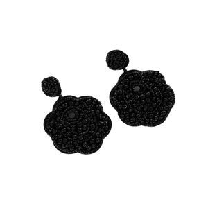 Handmade black seed bead plum blossom earrings with woven floral drop design
