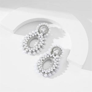 Handmade white seed bead drop earrings in double circle bohemian style for women